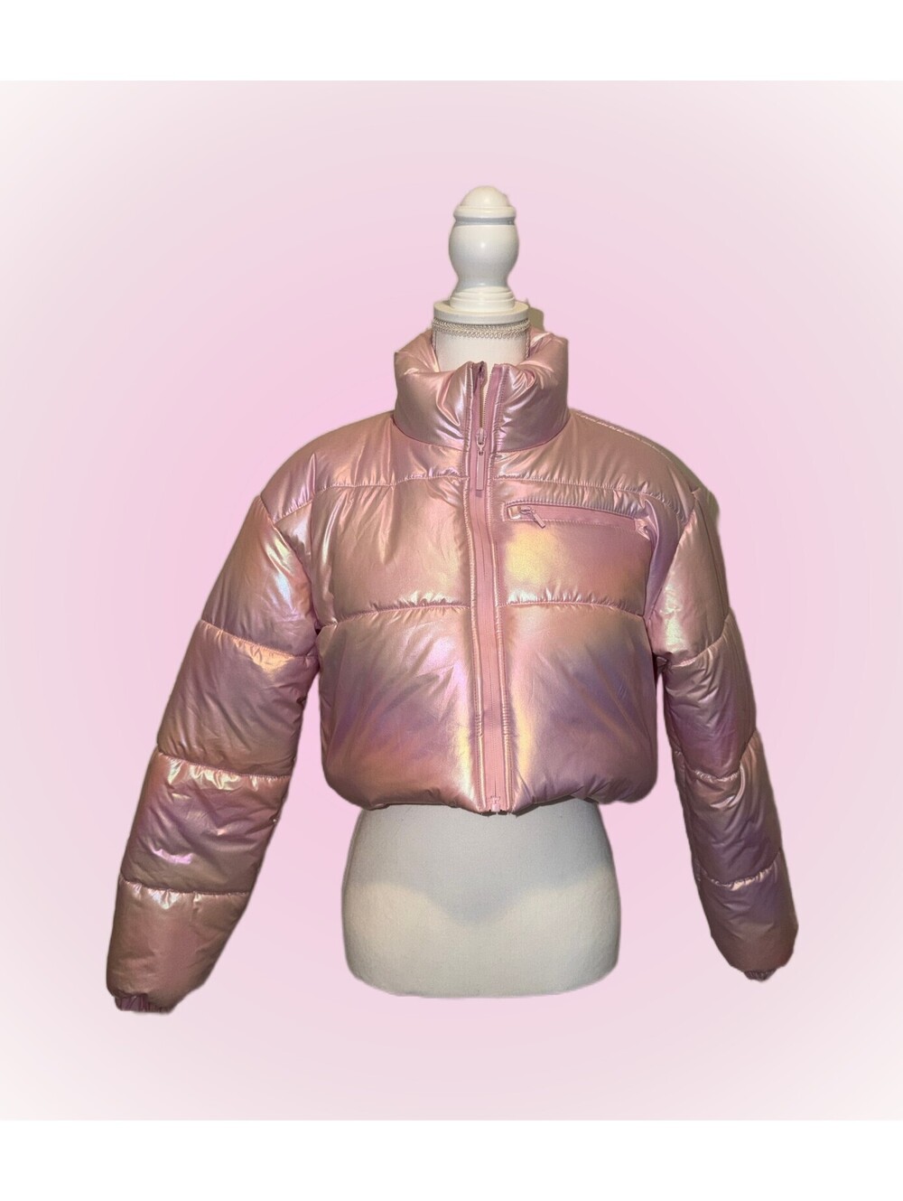 Forever 21 Pink Iridescent Metallic Cropped Puffer Jacket | Full Zip Women's S
